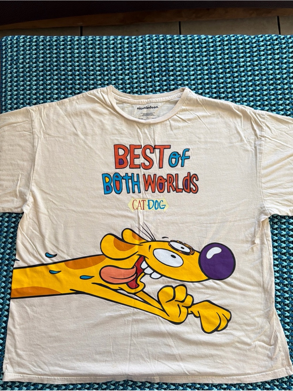Nickelodeon Cream T-Shirt with Yellow CatDog Graphic and Purple Accent